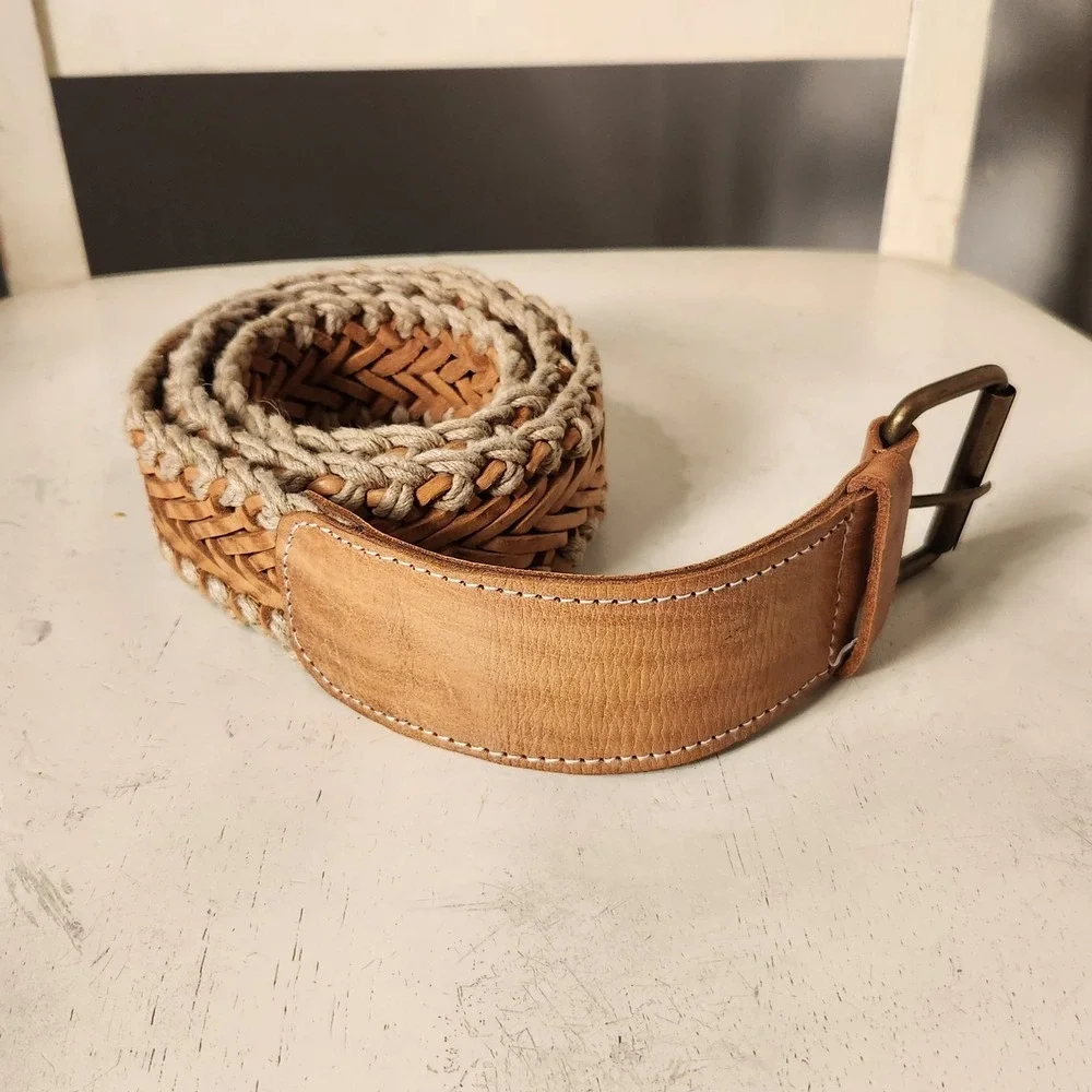 Boho Macrame Braided Leather Belt Tan Rope Chunky Brass Buckle Wide